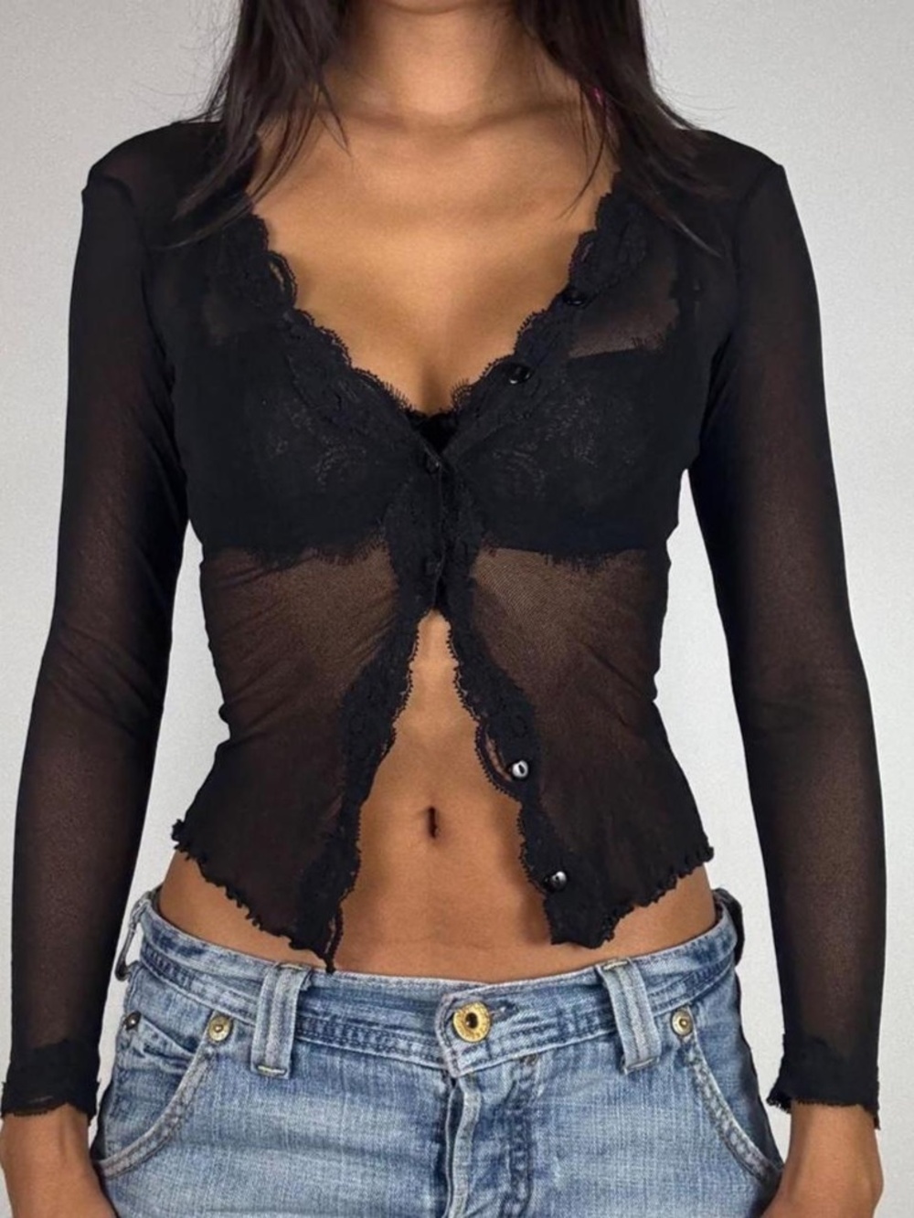 Y2k Only Hearts Black sheer mesh lace long sleeve top